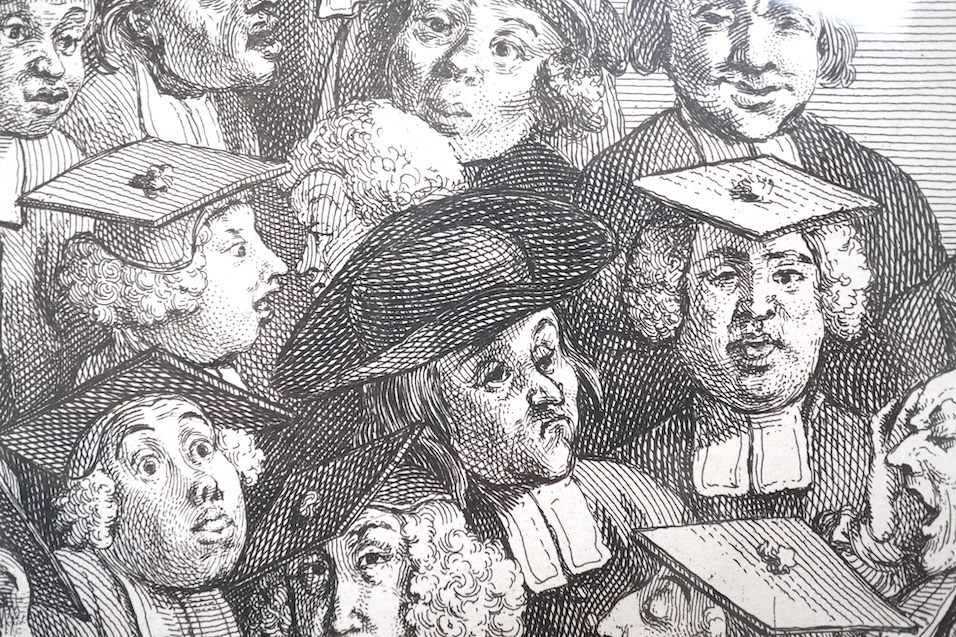 After William Hogarth (1697-1764), satirical engraving, Scholars at a lecture, published by W. Hogarth, 3rd March 1736, 25 x 21cm. Condition - fair, some discolouration and foxing